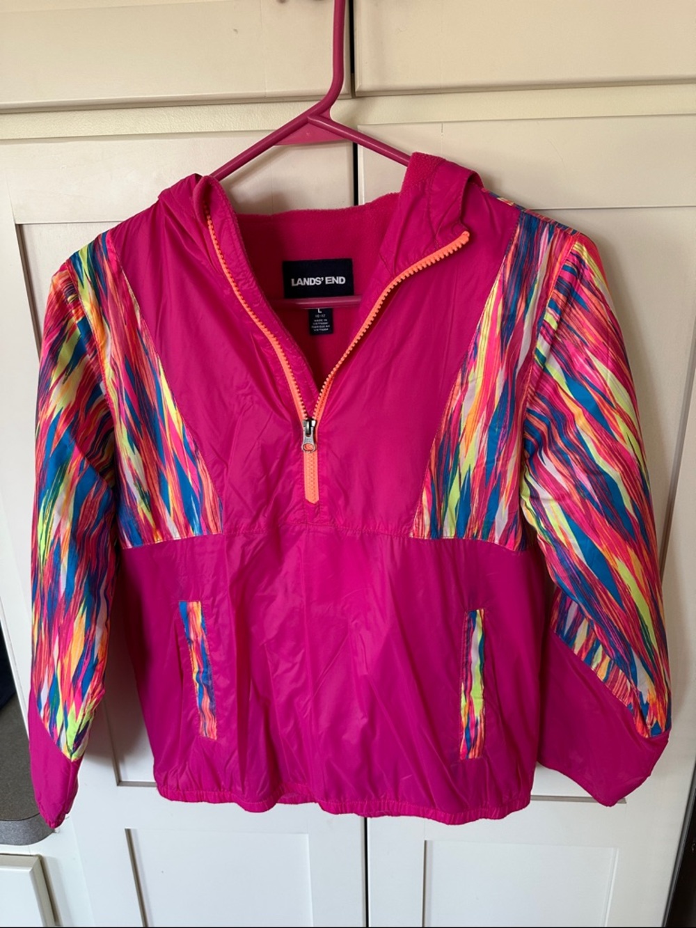 Girls Large 10/12 Lands' End Hot Pink Hooded 1/4 Zip Pullover
